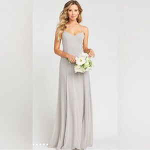 Show Me Your Mumu Godshaw Goddess Gown in Dove Grey Chiffon NWT Size Sm & Lg